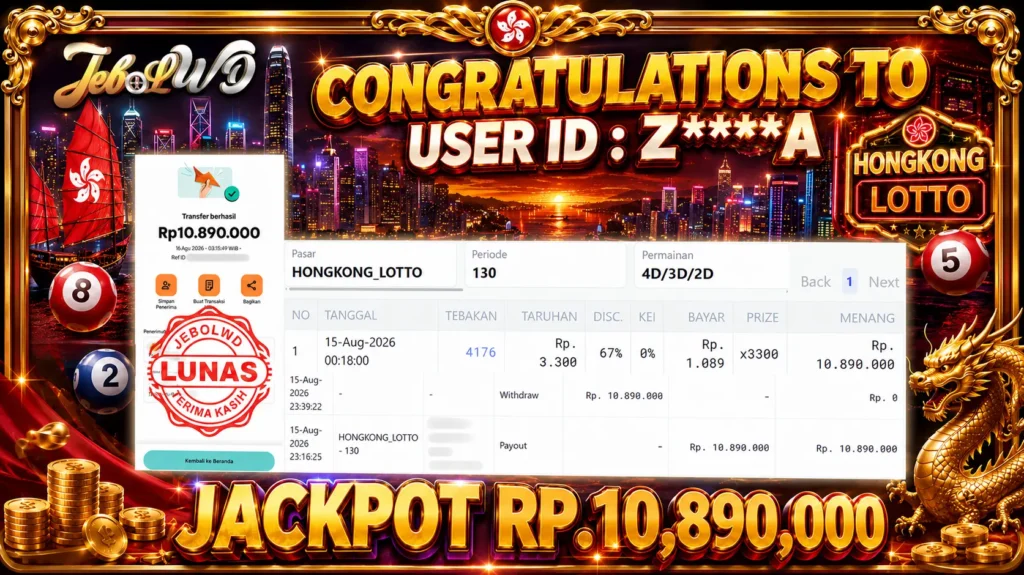 BUKTI JACKPOT KEMENANGAN TOGEL HONGKONG LOTTO Rp. 10.890.000 DI SITUS JEBOLWD 16 Agustus 2026