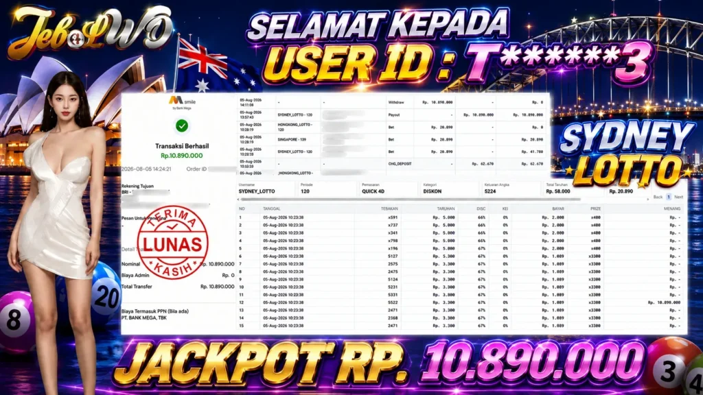 BUKTI JACKPOT KEMENANGAN TOGEL SYDNEY LOTTO Rp. 10.890.000 DI SITUS JEBOLWD 05 Agustus 2026
