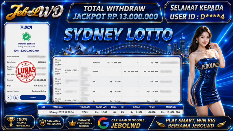 BUKTI JACKPOT KEMENANGAN TOGEL SYDNEY LOTTO Rp. 13.000.000 DI SITUS JEBOLWD 30 Agustus 2026