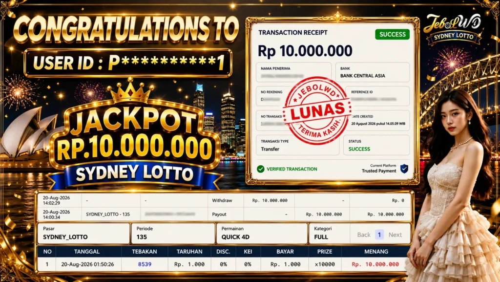 BUKTI JACKPOT KEMENANGAN TOGEL SYDNEY LOTTO Rp. 10.000.000 DI SITUS JEBOLWD 20 Agustus 2026