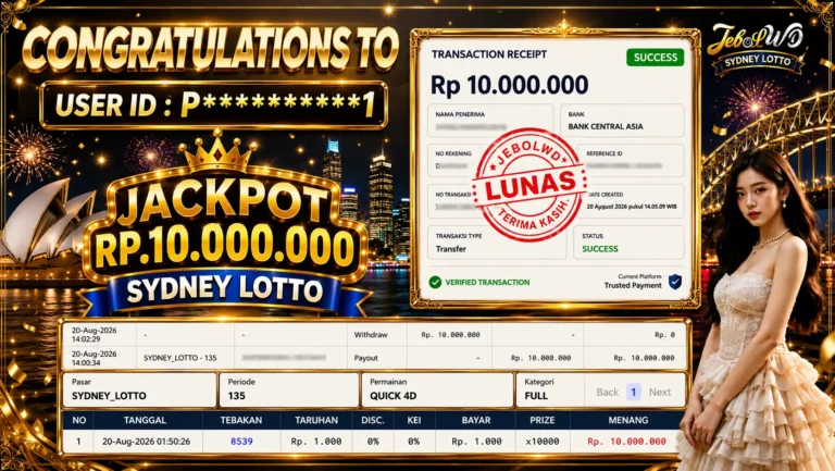 BUKTI JACKPOT KEMENANGAN TOGEL SYDNEY LOTTO Rp. 10.000.000 DI SITUS JEBOLWD 20 Agustus 2026