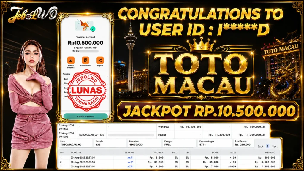 BUKTI JACKPOT KEMENANGAN TOGEL TOTO MACAU Rp. 10.500.000 DI SITUS JEBOLWD 21 Agustus 2026