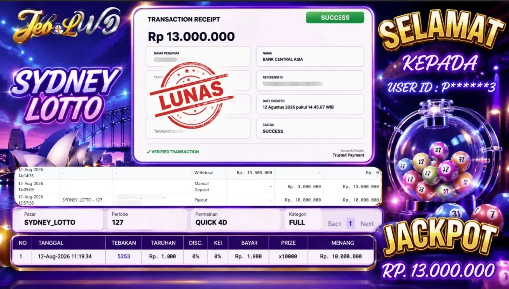 BUKTI JACKPOT KEMENANGAN TOGEL SYDNEY LOTTO Rp. 13.000.000 DI SITUS JEBOLWD 12 Agustus 2026