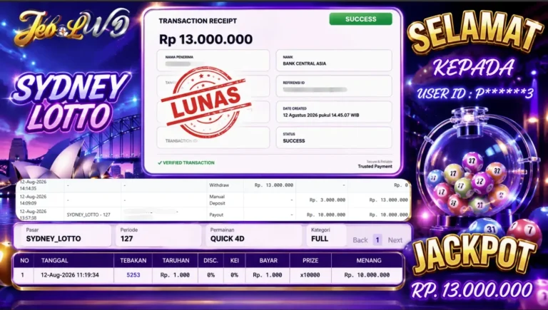 BUKTI JACKPOT KEMENANGAN TOGEL SYDNEY LOTTO Rp. 13.000.000 DI SITUS JEBOLWD 12 Agustus 2026