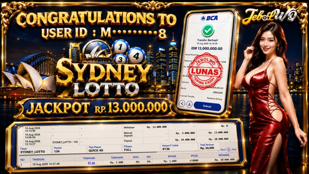 BUKTI JACKPOT KEMENANGAN TOGEL SYDNEY LOTTO Rp. 13.000.000 DI SITUS JEBOLWD 19 Agustus 2026