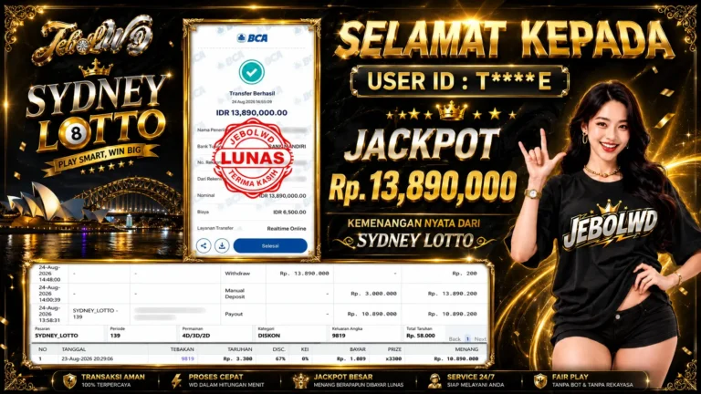 BUKTI JACKPOT KEMENANGAN TOGEL SYDNEY LOTTO Rp. 13.890.000 DI SITUS JEBOLWD 24 Agustus 2026