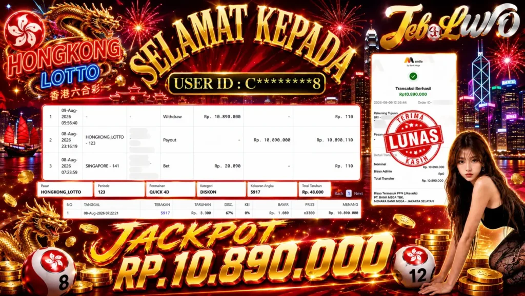 BUKTI JACKPOT KEMENANGAN TOGEL SYDNEY LOTTO Rp. 10.890.000 DI SITUS JEBOLWD 09 Agustus 2026