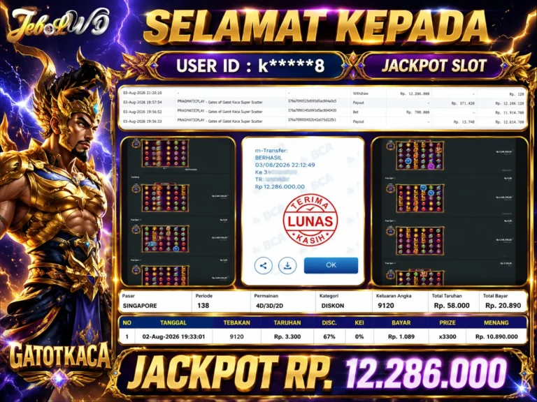 BUKTI JACKPOT KEMENANGAN SLOT PRAGMATICPLAY – Gates of Gatot Kaca Super Scatter Rp. 12.286.000 DI SITUS JEBOLWD 03 Agustus 2026