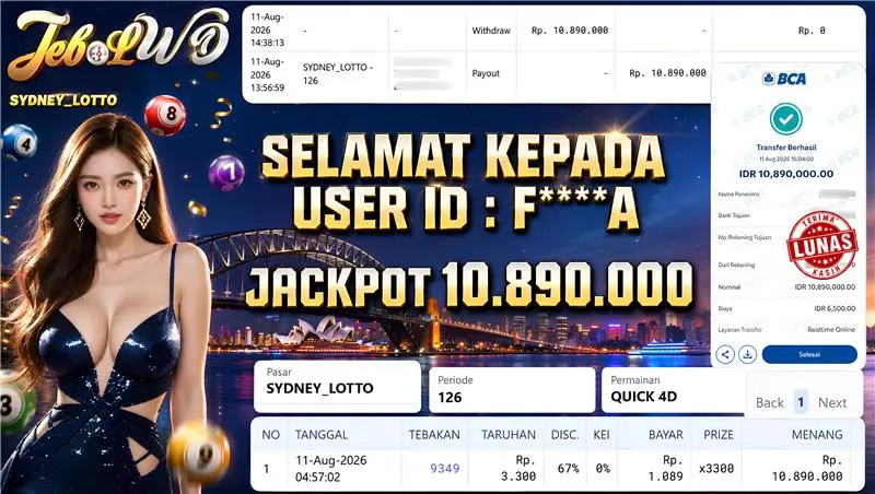 BUKTI JACKPOT KEMENANGAN TOGEL SYDNEY LOTTO Rp. 10.890.000 DI SITUS JEBOLWD 11 Agustus 2026