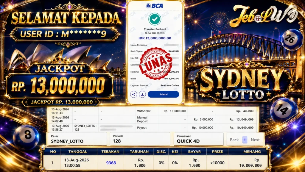 BUKTI JACKPOT KEMENANGAN TOGEL SYDNEY LOTTO Rp. 13.000.000 DI SITUS JEBOLWD 13 Agustus 2026