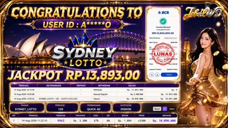 BUKTI JACKPOT KEMENANGAN TOGEL SYDNEY LOTTO Rp. 13.893.000 DI SITUS JEBOLWD 14 Agustus 2026