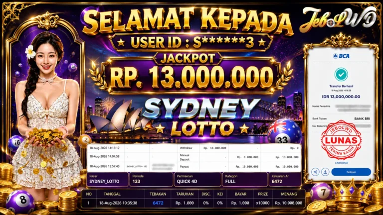 BUKTI JACKPOT KEMENANGAN TOGEL SYDNEY LOTTO Rp. 13.000.000 DI SITUS JEBOLWD 18 Agustus 2026