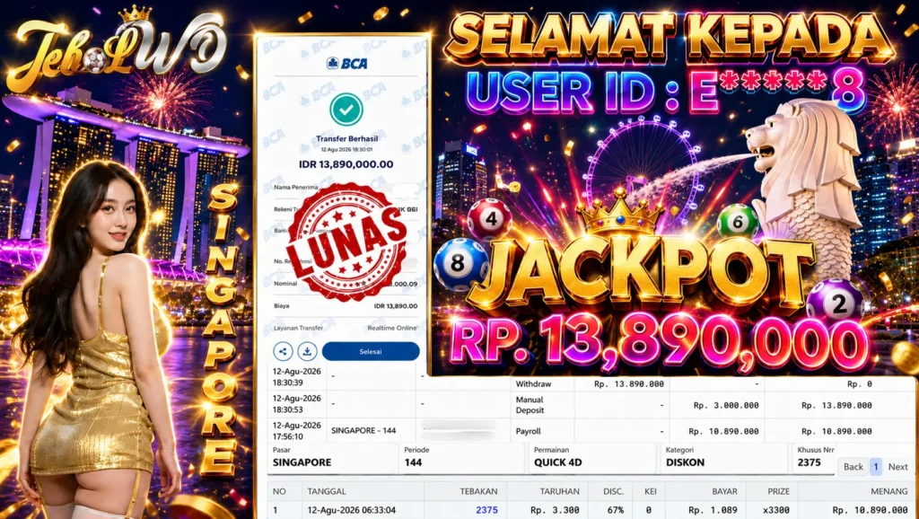 BUKTI JACKPOT KEMENANGAN TOGEL SINGAPORE Rp. 13.890.000 DI SITUS JEBOLWD 12 Agustus 2026