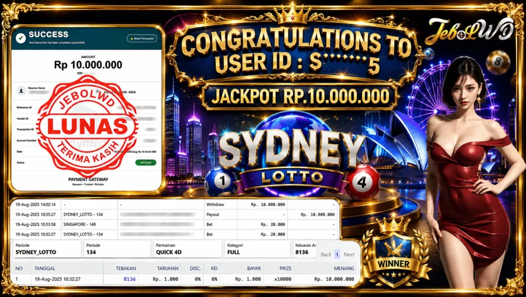 BUKTI JACKPOT KEMENANGAN TOGEL SYDNEY LOTTO Rp. 10.000.000 DI SITUS JEBOLWD 19 Agustus 2026