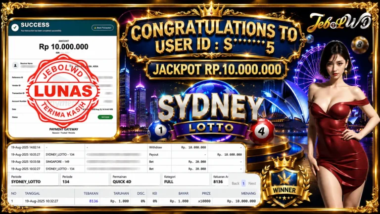 BUKTI JACKPOT KEMENANGAN TOGEL SYDNEY LOTTO Rp. 10.000.000 DI SITUS JEBOLWD 19 Agustus 2026