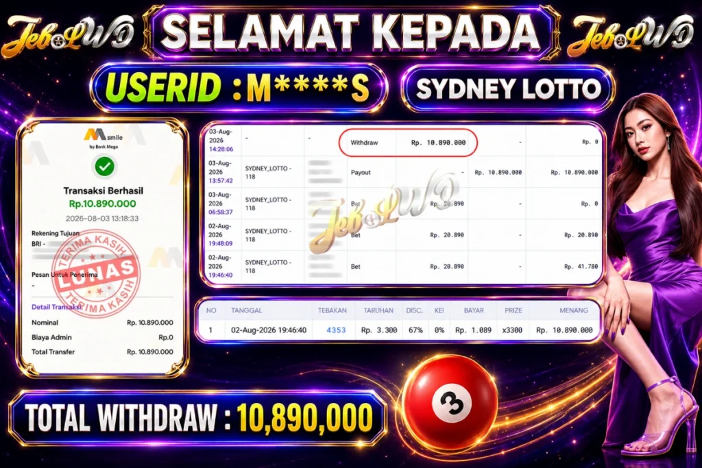 BUKTI JACKPOT KEMENANGAN TOGEL SYDNEY LOTTO Rp. 10.890.000 DI SITUS JEBOLWD 03 Agustus 2026