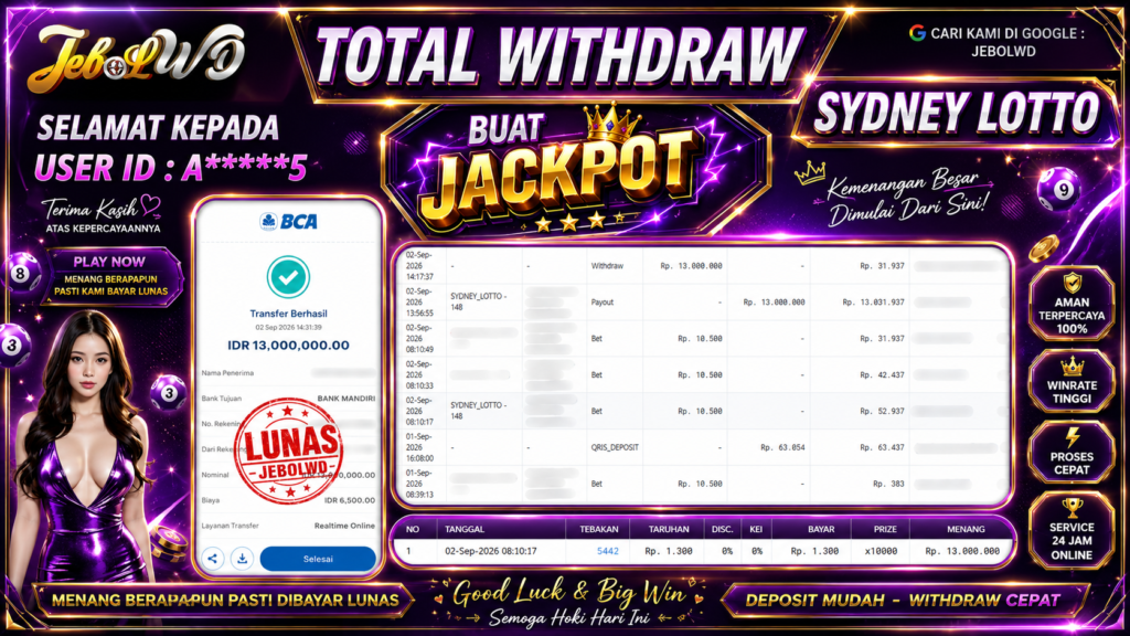 BUKTI JACKPOT KEMENANGAN TOGEL SYDNEY LOTTO Rp. 13.000.000 DI SITUS JEBOLWD 02 SEPTEMBER 2026