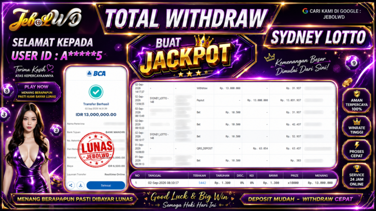 BUKTI JACKPOT KEMENANGAN TOGEL SYDNEY LOTTO Rp. 13.000.000 DI SITUS JEBOLWD 02 SEPTEMBER 2026