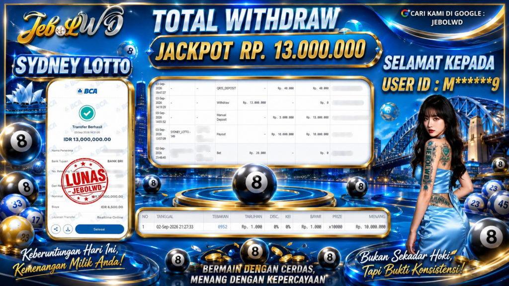 BUKTI JACKPOT KEMENANGAN TOGEL SYDNEY LOTTO Rp. 13.000.000 DI SITUS JEBOLWD 03 SEPTEMBER 2026