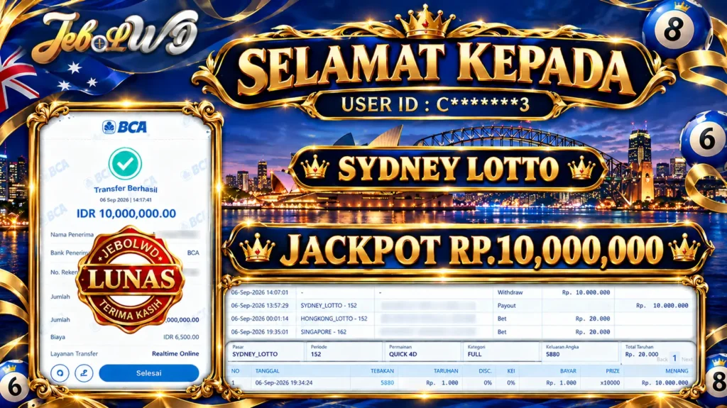 BUKTI JACKPOT KEMENANGAN TOGEL SYDNEY LOTTO Rp. 10.000.000 DI SITUS JEBOLWD 06 SEPTEMBER 2026