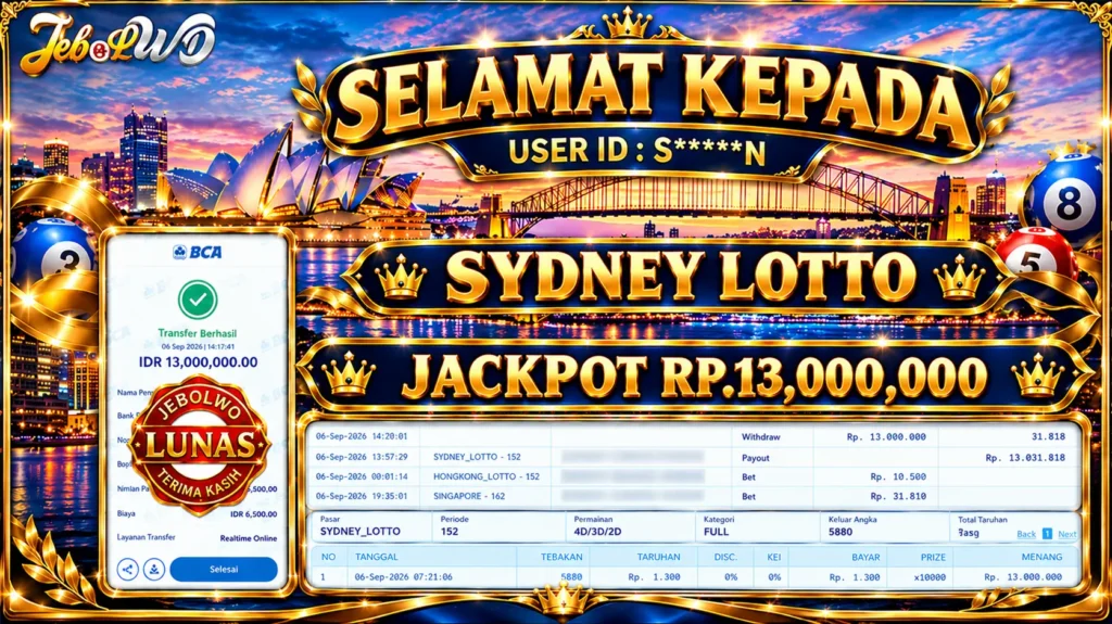 BUKTI JACKPOT KEMENANGAN TOGEL SYDNEY LOTTO Rp. 13.000.000 DI SITUS JEBOLWD 06 SEPTEMBER 2026